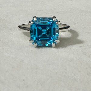 Excellent Asscher Cut Swiss Blue Topaz Sterling Silver Ring